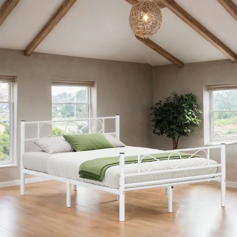 Lit Double Métallique 140 x 190 cm, Sommier inclus, Cadre Robuste, pour Chambre Ado ou Invités, Montage Facile, Blanc (1/5)