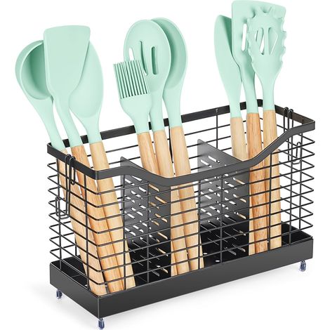 Porta Utensili da Cucina Organizer Antiscivolo in Acciaio Nero (1/5)