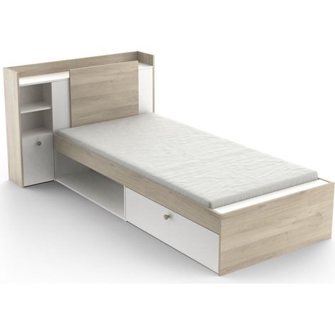 Lit Modulable 90 x 190/200 avec Rangement 1 Porte 3 Niches 1 tiroir Blanc Mat (1/5)