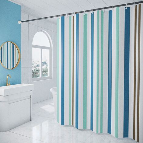 Rideau Douche Rayures Bleues 180x200cm, Polyester Imperméable 12 Crochets (1/5)