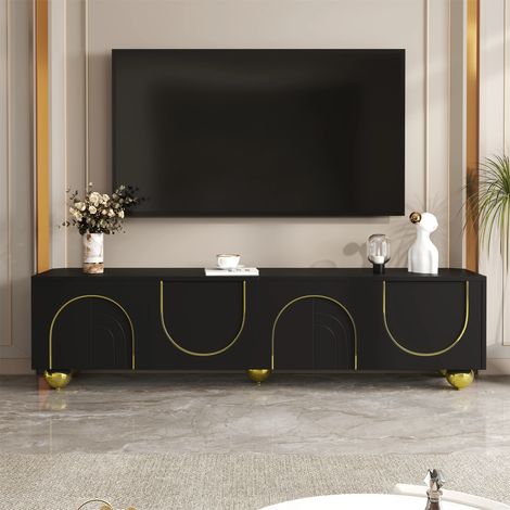 Meuble TV Lowboard, Portes Texturées, Décorations et Pieds Ronds Dorés, Tablettes Intérieures, Ouverture Push (1/5)