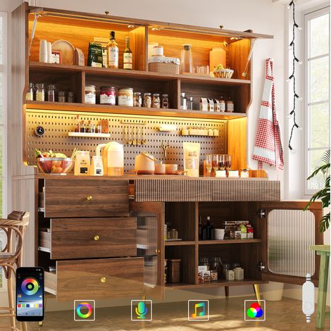 Hochschrank MDF/Glas Walnuss 145x39x171 cm mit Lift-up-Tür, RGB-LED, Lochplatte und geriffelter Glastür (1/5)