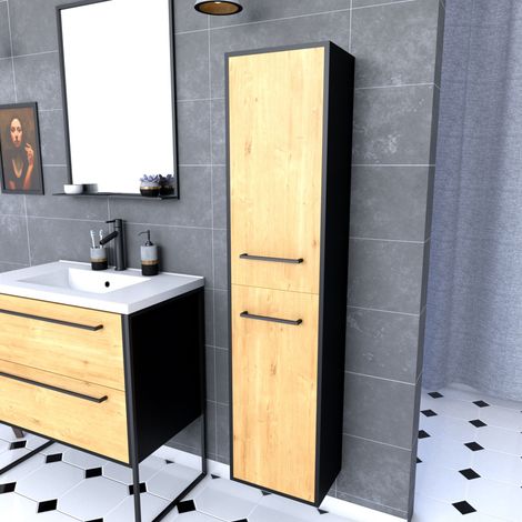 Colonna bagno nera con 2 ante in rovere naturale e maniglie nere opache