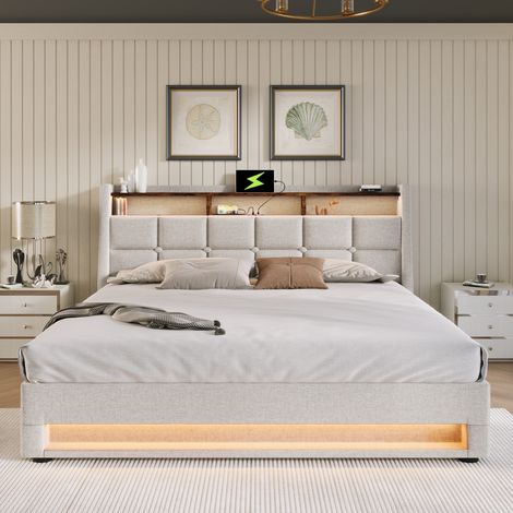 Bett Doppelbett Stauraum 180x200 Leinen Beige OKMYHOME