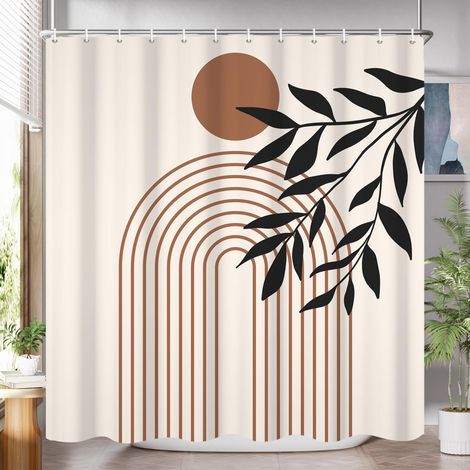 Rideau de Douche, 165x180cm, Marron Beige Boho Milieu du Siècle Moderne Abstrait Arc Soleil Géométrique Plante Botanique Tissu Pmperméable Machine Lavable Rideau de Salle de Bain avec Crochets (1/5)