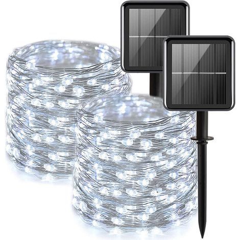 [Confezione da 2] Luci solari a stringa per esterni, 100 luci LED impermeabili a stringa, filo di rame da 12 m con 8 motivi per giardino, patio, matrimonio, festa di Natale, bianco freddo (1/5)