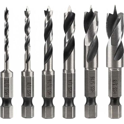 6Pcs Meche Bois à Tige Hex, Jeu de Tige 1/4" Forets HSS Hélicoïdaux pour Bois Métal Plastique et Bosch 6.35MM Hex Tige Rotatives Outil