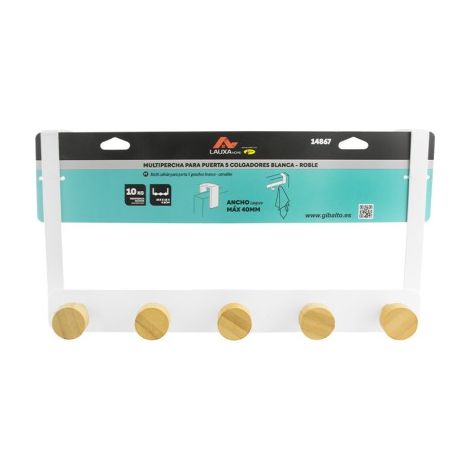 Multipercha Puerta Lauxa Home 5 Colgadores Blanco/Roble 26.5x18cm  Resistencia 10kg (1/4)