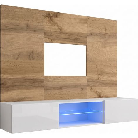 Ensemble meuble TV mural Switch PR3 avec vitrine et éclairage LED - Bois MDF blanc et chêne Wotan - 180 x 148 x 40 cm - Livraison gratuite (1/2)