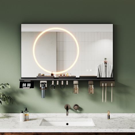 SIRHONA 100×60cmMiroir lumineux de salle de bain avec étagère de rangement, antibuée, éclairage 3 couleurs, éclairage réglable, bande lumineuse circulaire