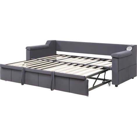 Ausziehbares Schlafsofa 90/180x190 cm aus grauem Samt, Bluetooth, USB, Stauraum (1/5)