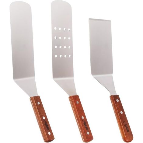 espátulas de acero inoxidable, kit de utensilios para parrilla: lisas, perforadas, giratorias y raspadoras, mangos de madera, para teppanyaki y parrilla. (1/5)