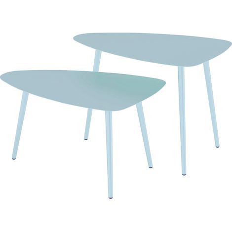 Tables basses de jardin gigognes triangulaires lot de 2 acier bleu clair patins réglables (1/5)
