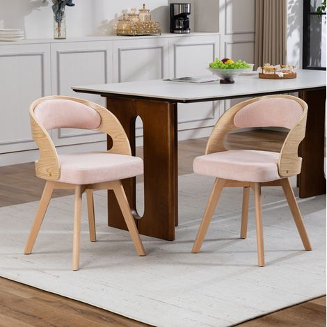 Set mit 2 Esszimmerstühlen mit drehbarem Sitz, Baumwoll-Leinen-Kissen, geschwungener Rückenlehne, rosa Leinen (1/5)