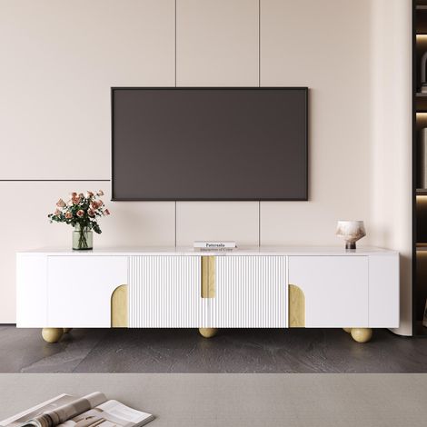 Meuble TV 180 cm, Buffet bas de salon avec 4 portes et effet marbre, En MDF style scandinave moderne avec pieds ronds en bois, Blanc et bois (1/5)