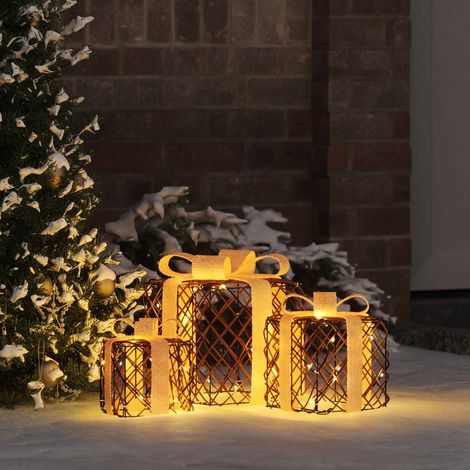 Décoration de Noël lumineuse lot de 3 boîtes cadeau LED blanc chaud – 150 LED, 8 modes, alimentation USB – acier et rotin – S/M/L pour intérieur et extérieur abrité (1/5)