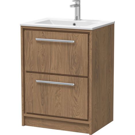 Longnor 2 Drawer Floor Standing Vanity Unit with 1 Tap Hole Minimalist Basin, Antique Oak, 600mm