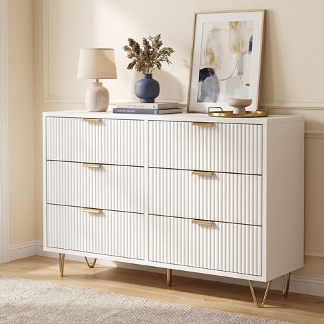 Commode chambre 6 tiroirs, Commode blanche, meuble de rangement avec façades texturées et pieds dorés, style moderne, Blanc