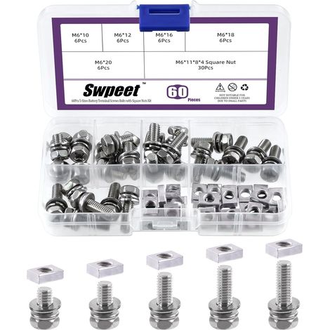 60pcs set 304 en acier inoxydable M6 x 10/12 / 16/18 / 20mm crosshead batterie terminal boulons et écrous avec kit de combinaison d'écrous carrés, batterie boulons (1/5)