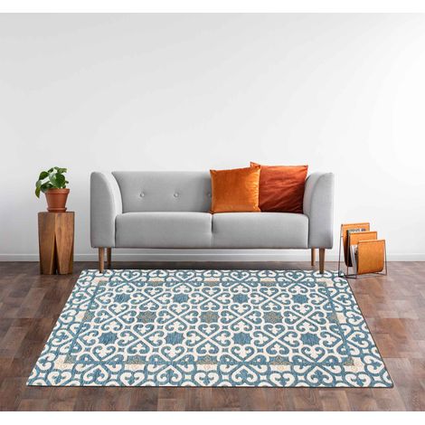 Tappeto Arredo Moderno Morbido in Ciniglia Ingresso Antiscivolo Prodotto Italiano Soggiorno Camera Salotto Disegni Piazzati Cotone Varie Misure Grande Arabic Azzurro - 65x115 cm (1/5)