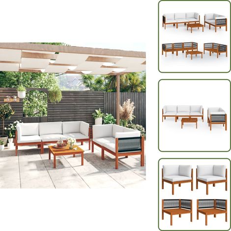 The Living Store Salon de jardin 6 pièces avec coussins, bois d'acacia crème et corde - Canapé de jardin (1/5)
