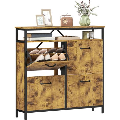 Wooden Narrow Shoe Cabinet with 4 Flip Drawers & Adjustable Shelves, Holds 12-20 Pairs, Industrial Style