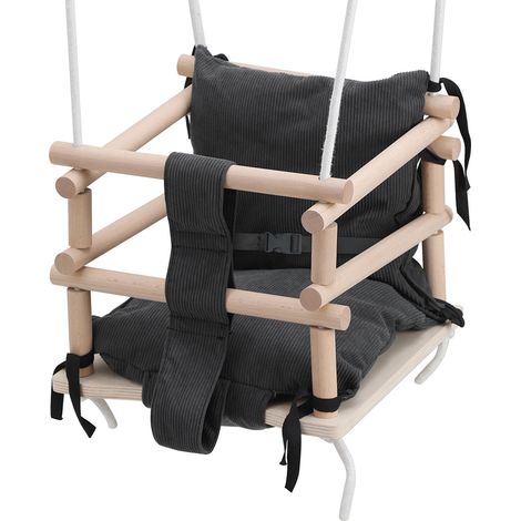 Wolketon Kinderschaukelsitz aus Holz mit grauem Kissen, verstellbare Seile, Babyschaukel ab 12 Monaten