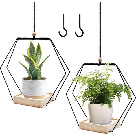2 Pièces Suspension Plante Intérieure, Pot Suspendu Plante Interieur, Anneau en Métal avec Base en Bois, Crochet de Inclus pour Intérieur, Balcon et Jardin (1/5)