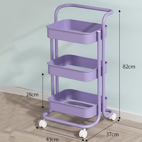 Chariot de rangement métallique polyvalent à 3 étagères, avec roulettes freinées et poignée de levage, idéal pour cuisine, salle de bain ou séjour. Grande capacité de stockage, robuste et pratique. (1/4)