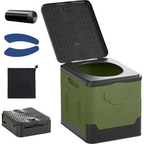 (Ensemble vert armée) Toilettes portables de voiture, seau poubelle, toilettes pliables pour voyages, camping et urgences, pour adultes et enfants. (1/4)