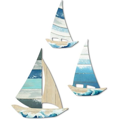 Set de 3 Décorations Murales Bateau à Voile Vintage, Décor Marin Rustique avec Crochets Métalliques, Style pour Salle de Bain et Chambre (1/5)