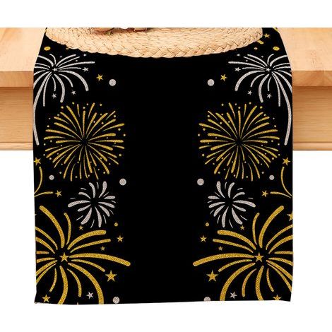 Chemin de table « Bonne année ». nappe noire et or à pois et étoiles. décoration pour la maison et la cuisine. ambiance champêtre. linge de table en toile de jute pour les fêtes d'hiver 2026 (1/5)