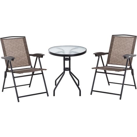 Outsunny 3 Piece Outdoor Bistro Set, Patio Conversation Furniture Set with 2 Folding Backrest Adjustable Armchairs and Glass Top Coffee Table, Brown
