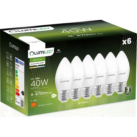 6x LED-Lampe E27 Kerze B35 5W = 40W 470lm 4000K Neutral 180° LUMILED
