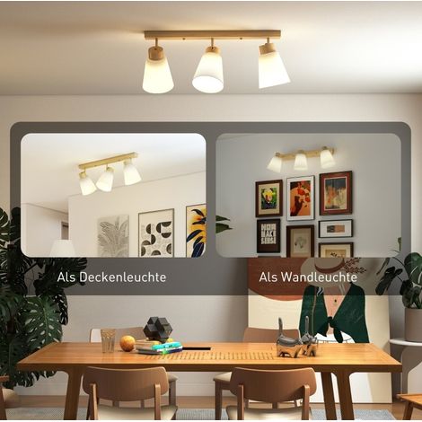 Plafón de 3 luces con cabezales orientables 90°, 3 casquillos E27, vidrio y madera natural DESVIAE (1/5)