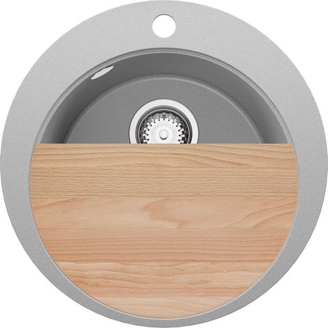 PRIMAGRAN Evier cuisine Granit Rond 50x50cm, Evier 1 bac + Kit de Vidage + Planche à Découper, Lavabo Cuisine au meuble 45cm - Pise, Gris (1/5)