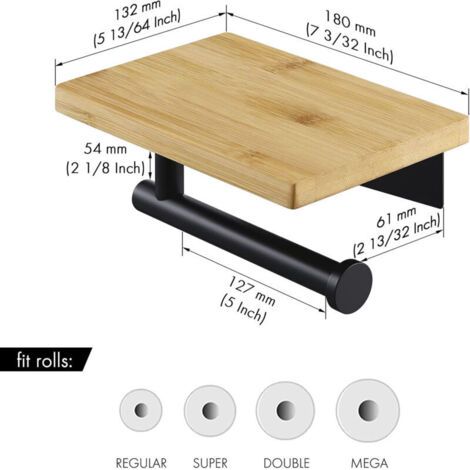 Porte Papier Toilette avec Etagère Bambou Salle de Bain Porte Rouleau en Acier Inoxydable SUS304 Support Mural Noir Mat,Version sans perçage (1/4)