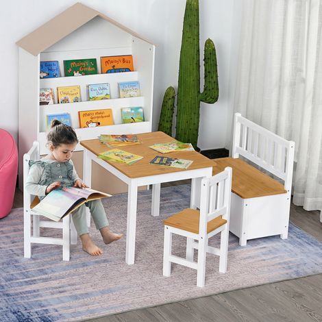 Mesa y Sillas Infantiles de 4 Piezas Mesa Infantil con 2 Sillas y Banco con Almacenaje Juego de Muebles para Actividades para Niños de +3 Años para Dormitorio Sala de Juegos Blanco y Natural (1/5)