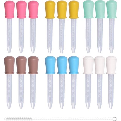18 juegos de pipetas de 5 ml, 6 colores (azul, rosa, amarillo, blanco, marrón y verde) + 1 cepillo de limpieza - pipetas de plástico transparente para transferir líquidos, cocina (1/5)