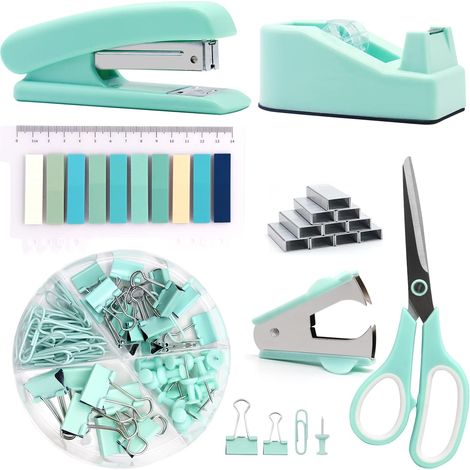 Ensemble de fournitures de bureau, kit d'accessoires de bureau, comprenant agrafeuse, ruban adhésif, dissolvant, agrafes, pinces, ciseaux (1/5)