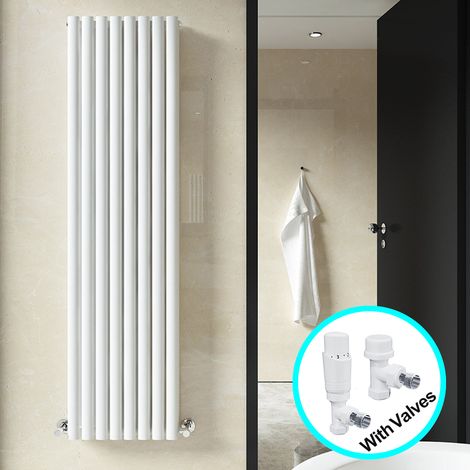 ELEGANT Central Heating Radiator 1800 x 472mm Vertical White Double Panel Oval Column Rad + White Thermostatic Radiator Valves (1/5)