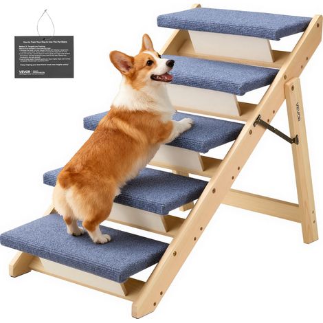 VEVOR Escalier pour Chien Pliable 5 Marches pour Chien Convertible en Rampe pour Canape Lit Voiture Chats Chiens Animaux de Compagnie Jusqua 68 kg, Hauteur Marche 12 cm, en Bois de Pin et Feutrine (1/5)