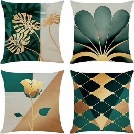 Lot de 4 housses de coussin 45X45 en lin Housse de coussin décorative Or Vert Ginkgo Coussin décoratif Style campagnard Coussin (1/4)