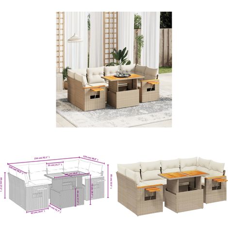 Salon de jardin avec coussins 7 pcs beige résine tressée - Ensemble Salon De Jardin - Meuble Extérieur - Résine Tressée - Rotin Synthétique - Table Extensible - Home & Living (1/3)
