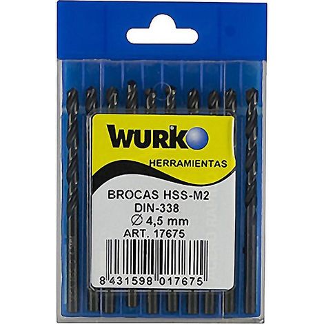 WURKO brocas acero hss 4,5 mm afiladas caja 10 , Set de 10 brocas de acero HSS para metalGrosor de 4,5mmDIN 338NMango cilindrico. (1/2)