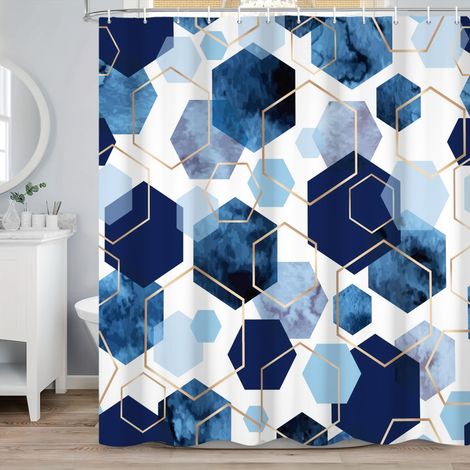 Rideau Douche Bleu 180x180 cm, Moderne Abstrait Art Géométrique Bleu Doré Hexagone Motif Imperméable Polyester Textile Lavable Rideau de Baignoire avec 12 Crochets (1/5)