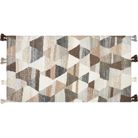 Alfombra kilim de lana beige marrón negro 80 x 150 cm a mano patchwork borlas Argavand