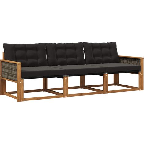 Set di divani da esterno con cuscino 3 pz Salotto da Giardino Naturale e Nero (1/5)