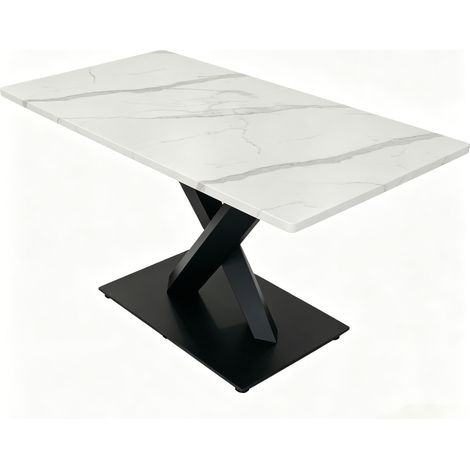 CAIziTable à manger rectangulaire moderne pour 6 à 8 personnes, grande table de cuisine blanche avec plateau en MDF et base en métal noir, motif marbre blanc, table à manger avec support en X pour bur