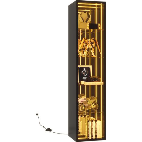 30 x 30 x 160 cm, Vitrine avec porte à cadre en aluminium, verre trempé, cinq compartiments, étagères réglables, barre lumineuse LED, charnières avec fonction soft-close, noir. (1/5)